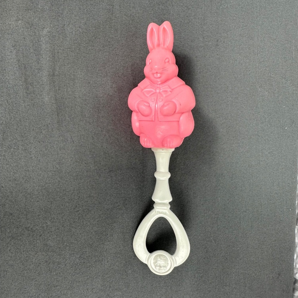 Vintage 1940s AMLOID Pink Easter Bunny Baby Rattle Rabbit Plastic Toy 7" USA